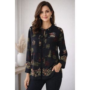 Citron Santa Monica Asian Print Blouse Size L Black Dragon Pagoda Silk Feel Top